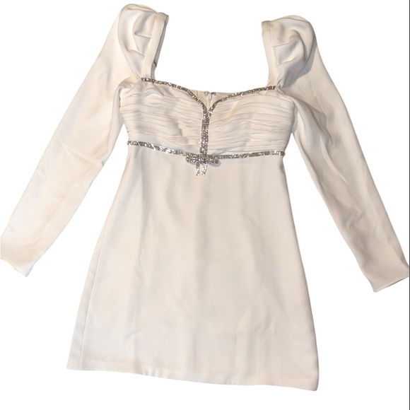 Self-Portrait Diamante Bow Mini Dress Crepe Long Sleeve White US Size 4 New
